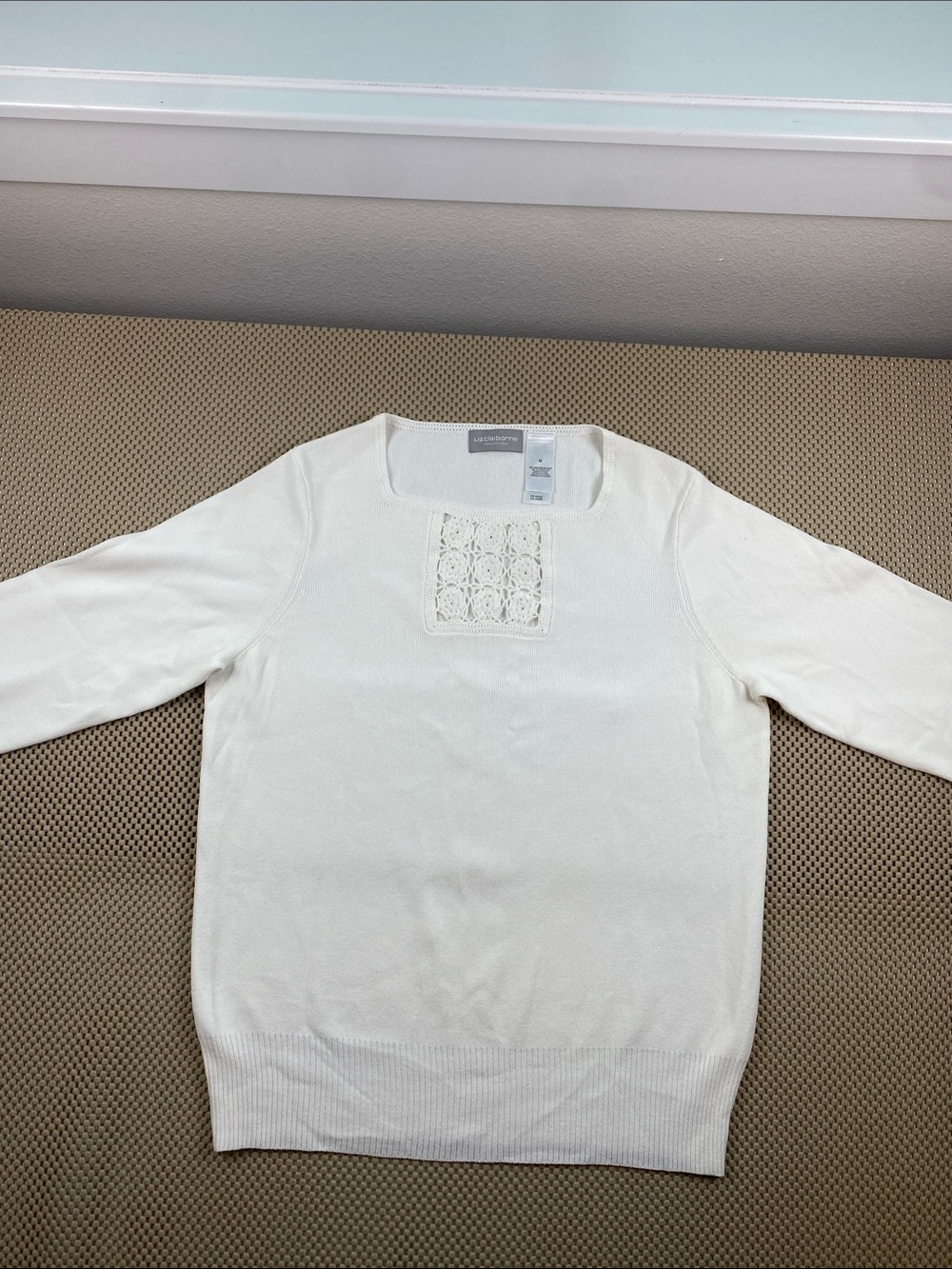 Laura Ashley Cream Knit Square-Neck Pullover with Crochet Panel